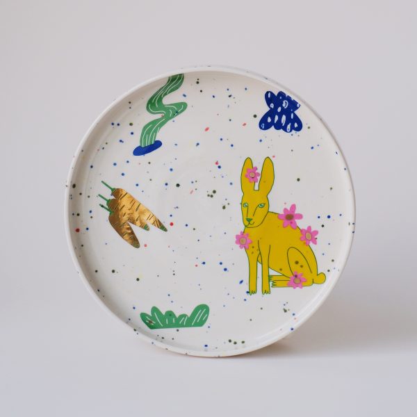 Yellow rabbit plate with gold luster