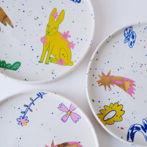Yellow rabbit plate with gold luster